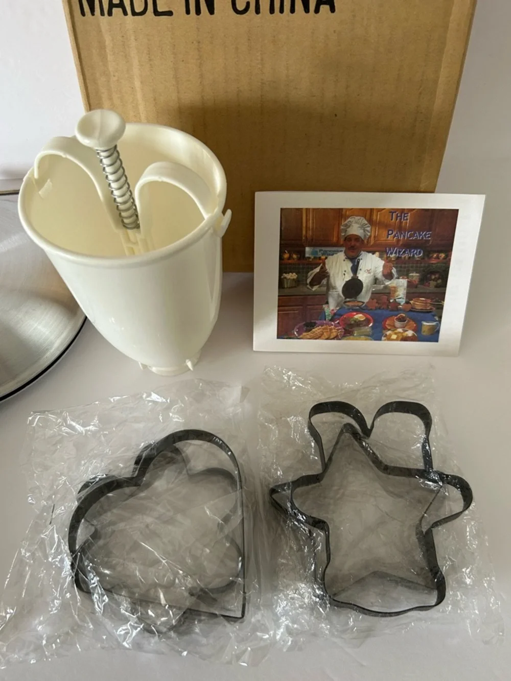 Vintage “Pancake Wizard” Set includes: Pan, Batter Dispenser, and 4 Metal Shapes